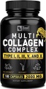 Multi Collagen Peptider Pills (Typer) Grass Fed Collagen Pills (180 Kapsler) - Hydrolysat Collagen Protein Blend til hår, hud, negle og fælles støtte - Collagen Pills til kvinder