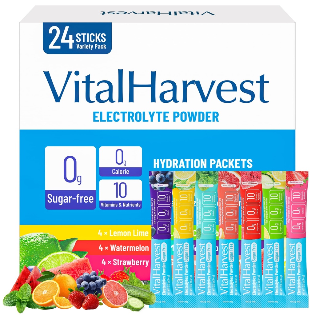 24 Sticks Electrolytes Powder Packets 7 Flavors Sugar Free Hydration Packets Liquid Daily IV Drink Mix, Low Sodium, Lemon Lime, Watermelon, Strawberry, Grape, Grapefruit, Lemon Cucumber, Mint