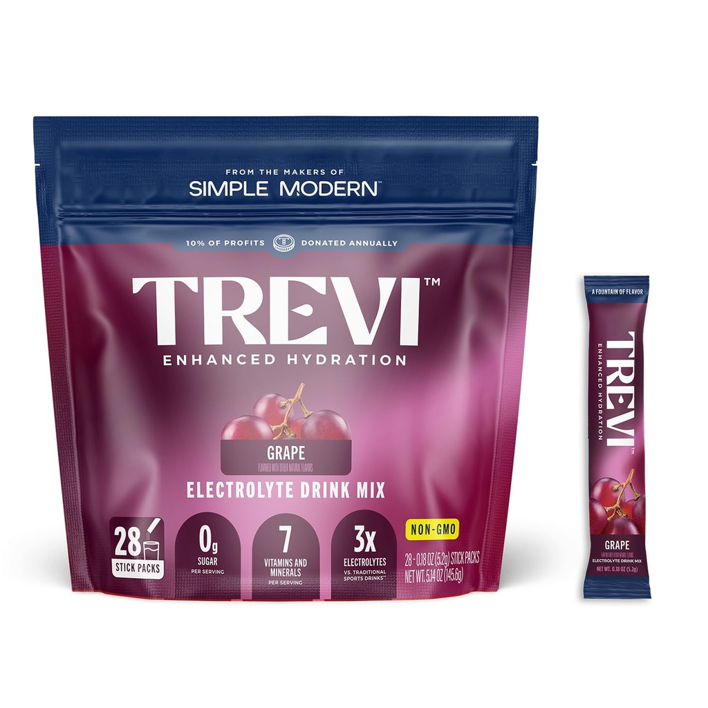TREVI™ Everyday Sugar Free Electrolytes - Essential Drink Mix Hydration Powder Packets - 28 Count - Grape