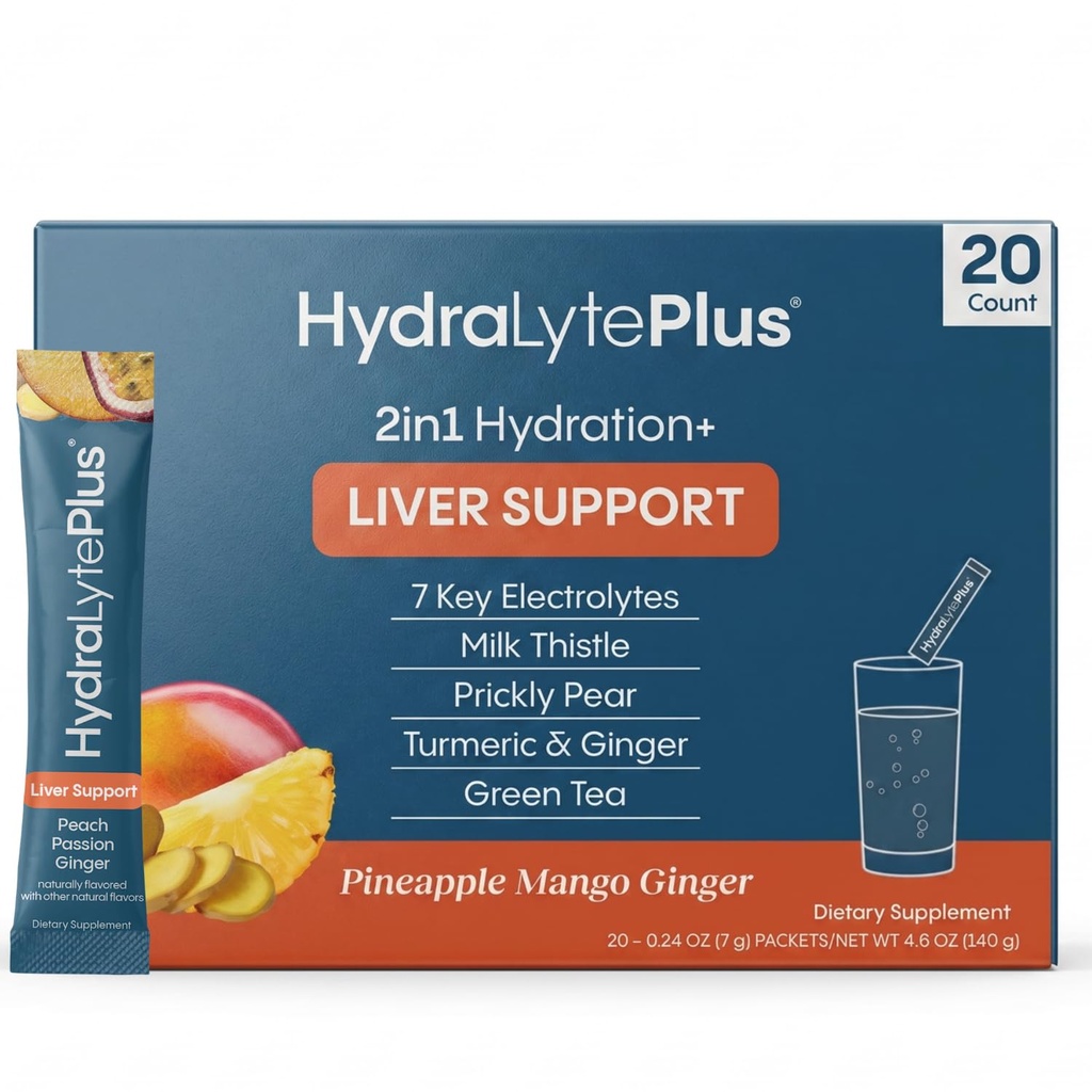Hydralyte Leverstøtte + Electrolyte Mix med mælk tidsel, gurkemeje, Ingefær, Prickly Pære, Green Tea Extract Formuleret til hurtig rehydrering (Ananas Mango Ginger, 20 Pakker)