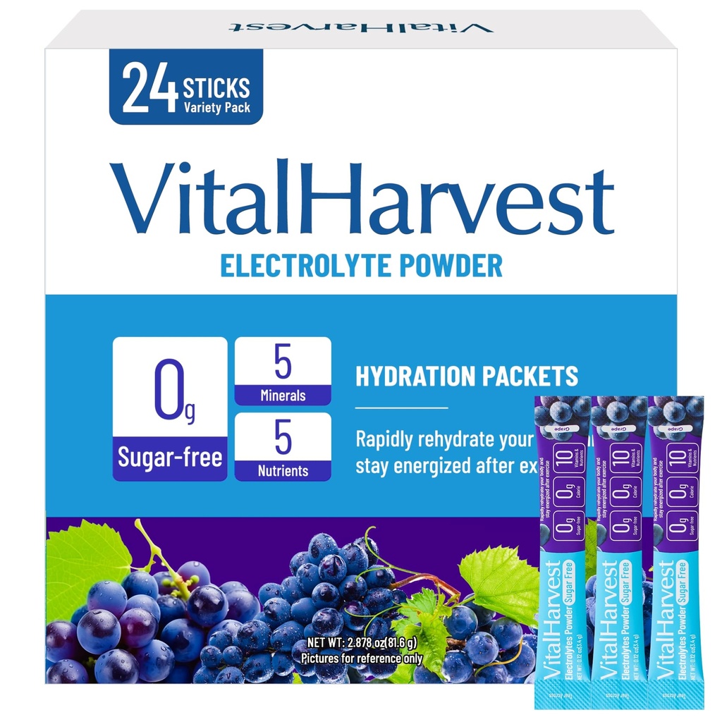 24 Sticks Electrolytes Powder Packets 7 Flavors Sugar Free Hydration Packets Liquid Daily IV Drink Mix, Low Sodium, Grape