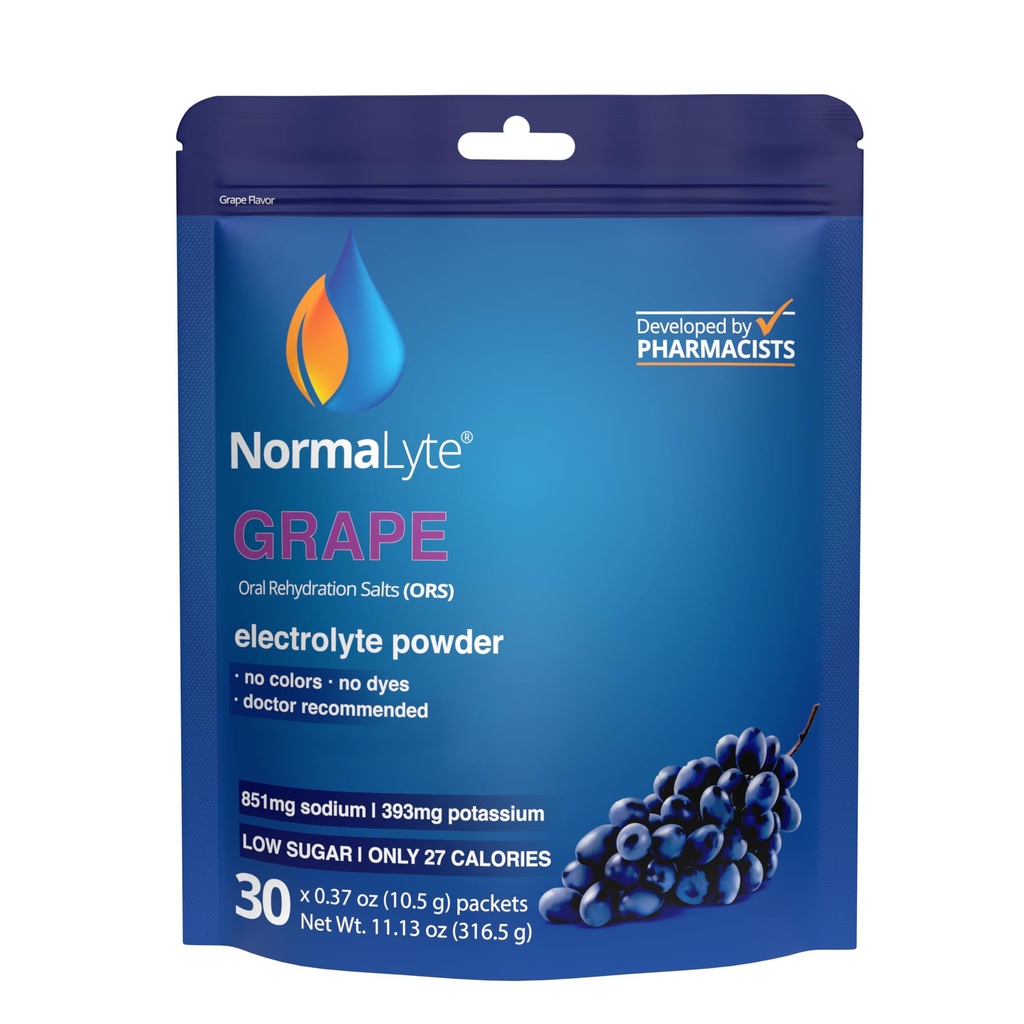 NormaLyte Grape | Electrolyte Powder Packets | Sodium & Potassium Hydration Drink Mix | 30 Count | No Dyes, No Stevia