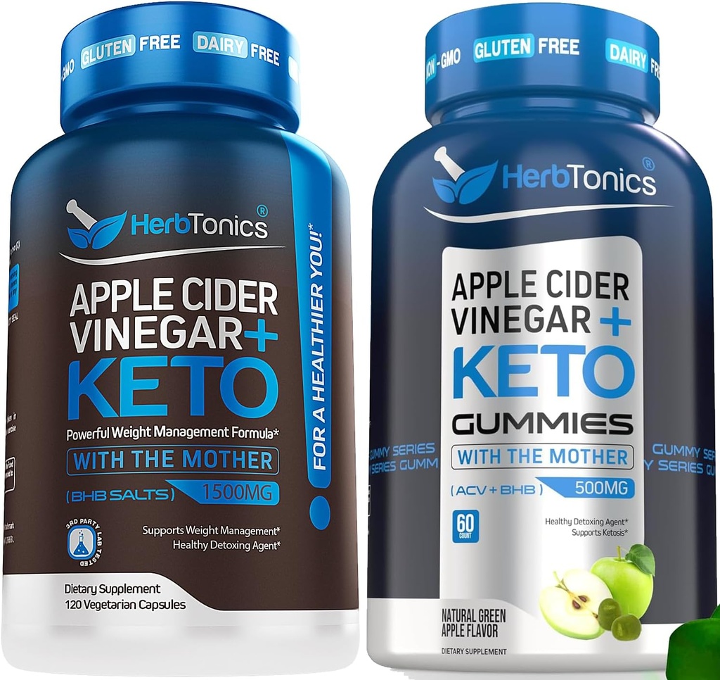 Herbtonics Apple Cider eddike kapsler med Keto BSB - understøtter fordøjelse, Detox, og Metabolisme for kvinder og mænd, Sugar- Free, Keto Formel.