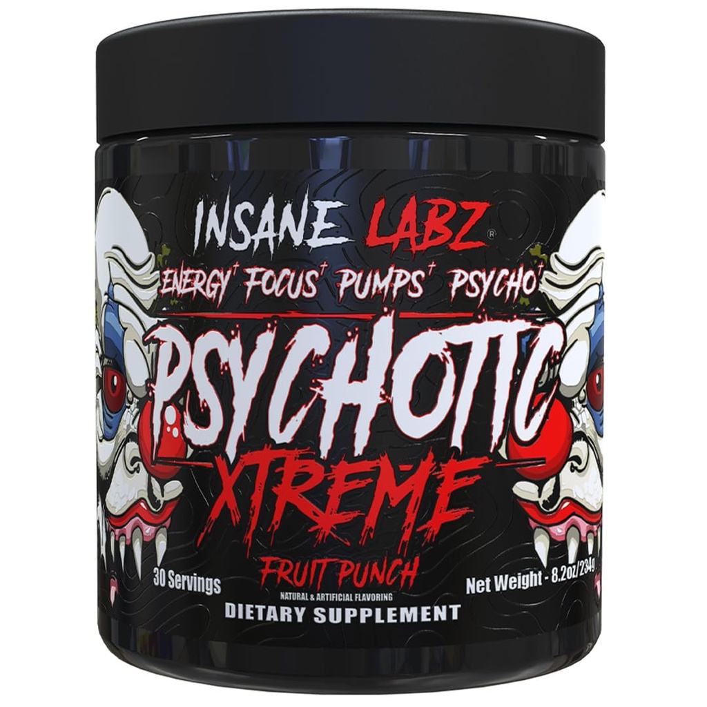 Insane Labz Psychotic Xtreme, High Stimulant Pre Workout Powder, Extreme Lasting Energy, Focus and Endurance with Beta Alanine, Panax Ginseng, Theobromine, DMAE (30 Servings, Fruit Punch)