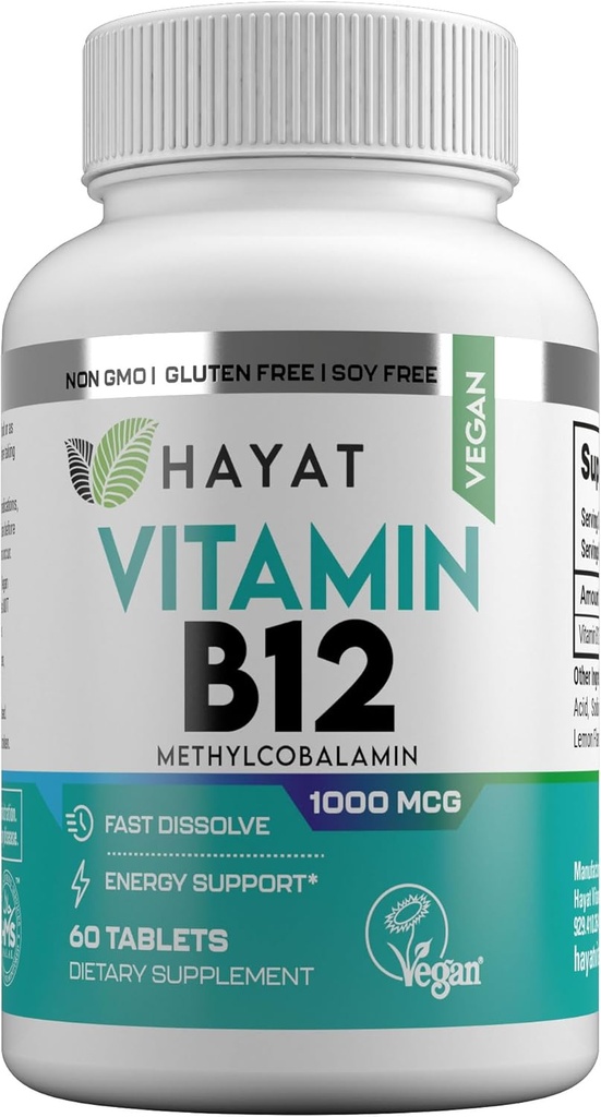 HAYAT Vitamin Vegan Natural Vitamin B12 1000 MCG, Kosttilskud til energi Metabolisme Support, 2 Måned Supply, All Natural, Certified Halal, 60 Tablets, Made in The USA