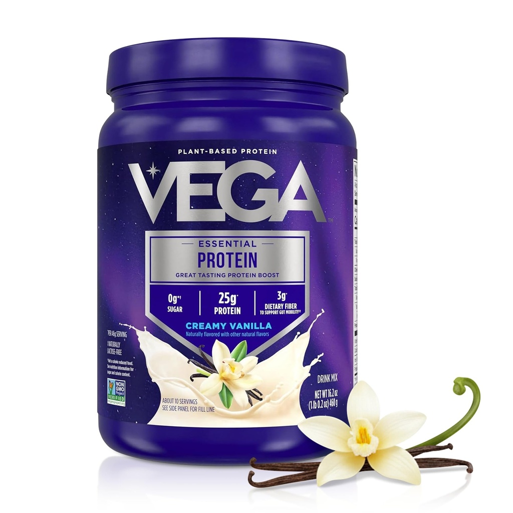 Vega Essential Protein – 25g Vegan Protein Powder, Creamy Vanilla for a High Protein, Zero Sugar Shake – Small Tub, 16.2oz (10 Servings)