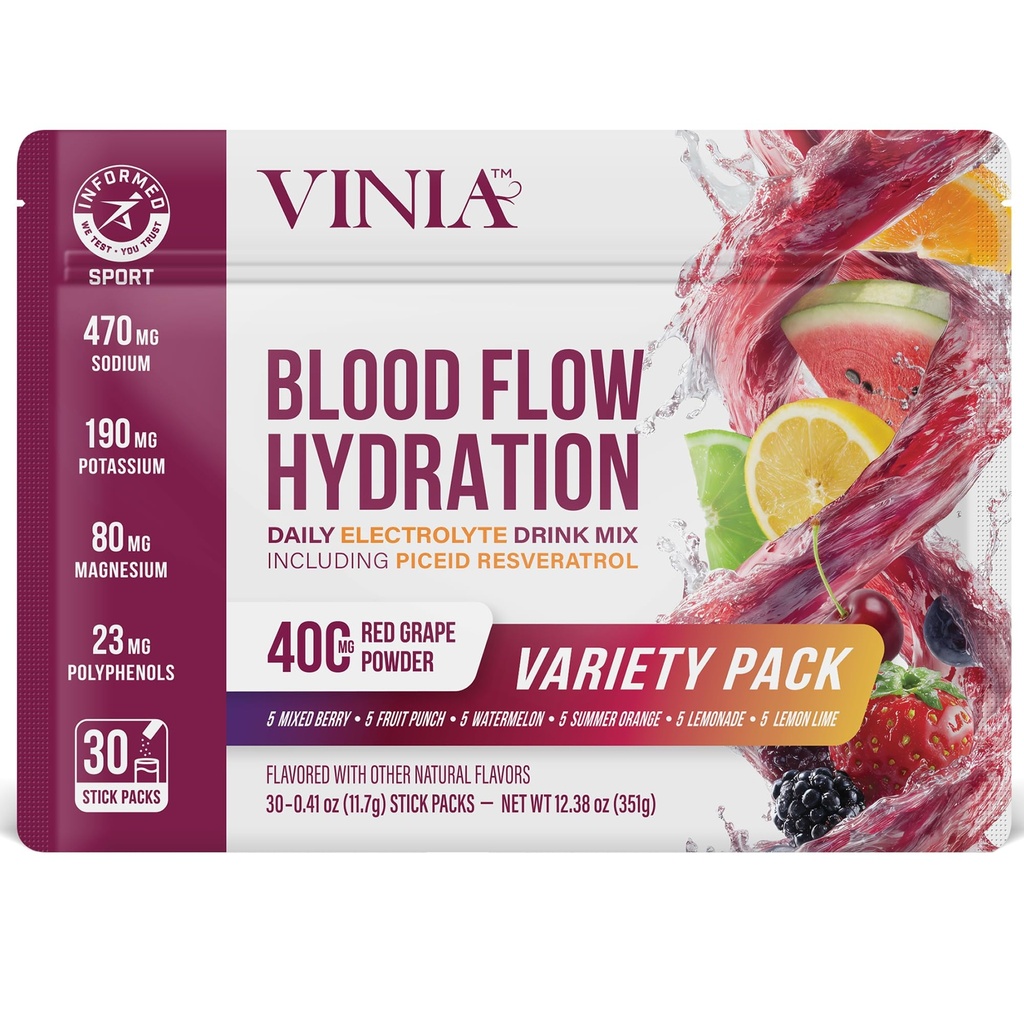 VINIA Resveratrol Electrolyte Hydration Powder Mix | Boost Blood Flow & Circulation | Sea Salt, Coconut Water Potassium, Magnesium, Informed Sport Certified