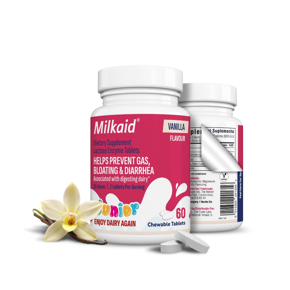 Milkaid Junior Lactase Enzyme Chewable Tablets for Lactose Intolerance Note 124; Forebygger Gas, Bloating, Diarré hos børn