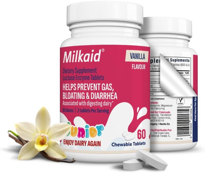 Milkaid Junior Lactase Enzyme Chewable Tablets for Lactose Intolerance Note 124; Forebygger Gas, Bloating, Diarré hos børn