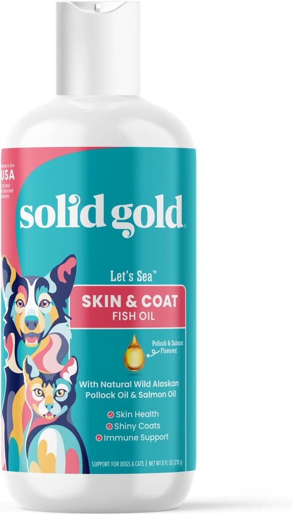 Solid guld Omega 3 Fish Oil for Dogs & Cats - Wild Alaska Salmon Oil for Dogs Skin and Coat Support - Omega 3 Hundetillæg Flydende med / Pollock, Fedtsyrer, EPA & DHA for immunforsvar - 8oz Flaske