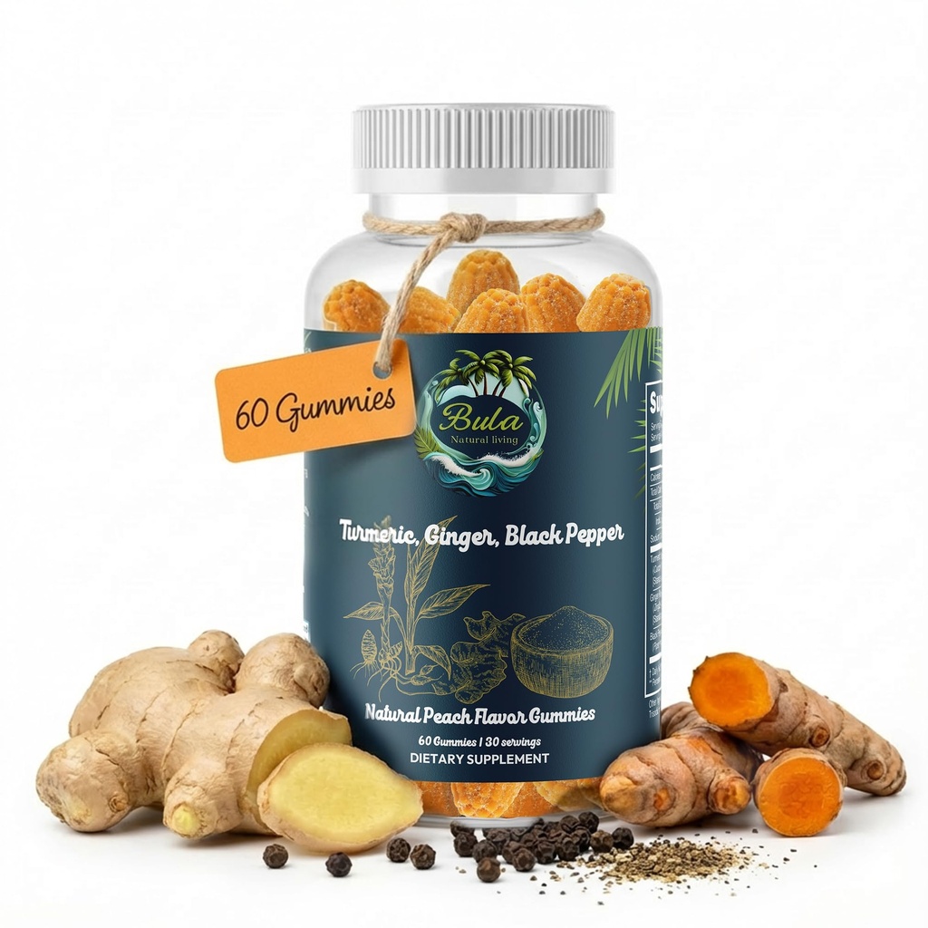 Bula Fijian Turmeric and Ginger with Black Pepper Gummies, Joint and Mobility Support, Immune Boost, Plant-Based Vegan, Non-GMO, Peach Flavor, 60 Count