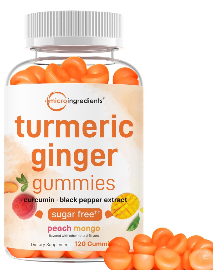 Turmeric Ginger Gummies, 120 Count | Sugar Free Peach Mango Flavored | Extra Strength Curcumin with Black Pepper for Enhanced Absorption | Non-GMO