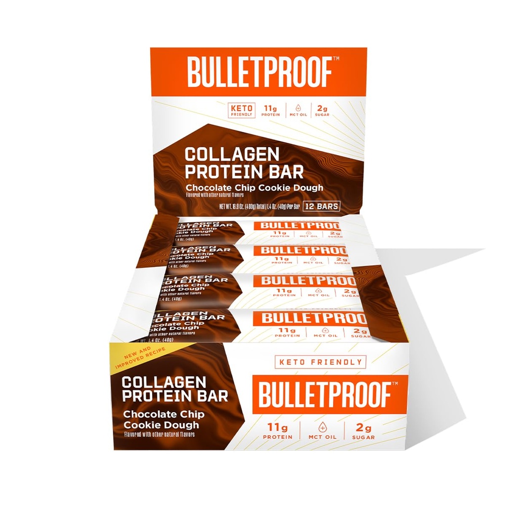 Skudsikker chokolade Chip Cookie Dough Collagen Protein Bars, Pack af 12, Keto-Friendly Snack med MCT Oil, Grass- fed Collagen, Ingen tilsat sukker