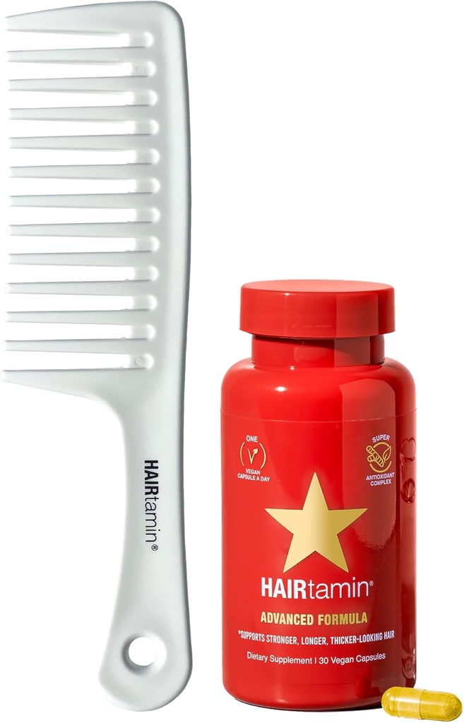 Hairtamin Advanced Vegan Biotin Supplement Pack 124; Hår, Hud & Nail Vitaminer med Gentle Detangling Comb at fremme vækst og tykkelse