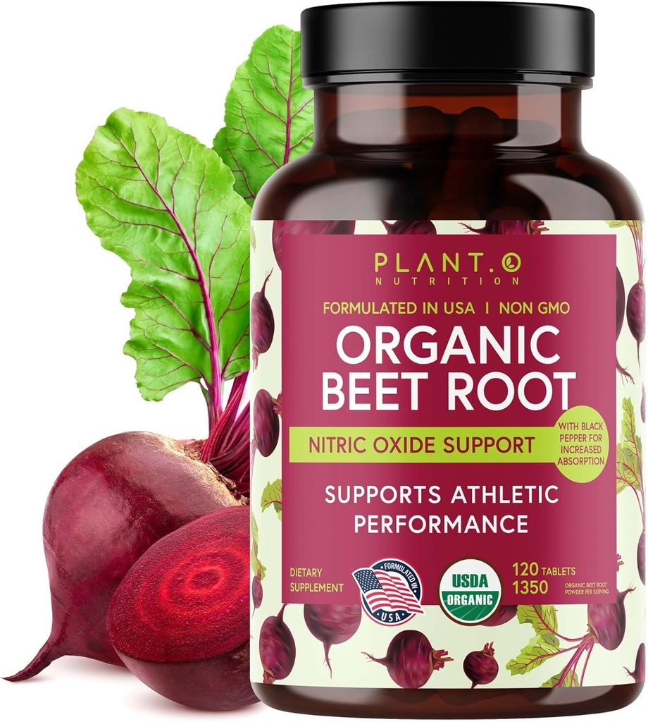 USDA Plant.O Premium Organic Beet Root Tablets [1350mg Beets Powder] med sort peber til ekstra absorption - nitrogenoxid supplement