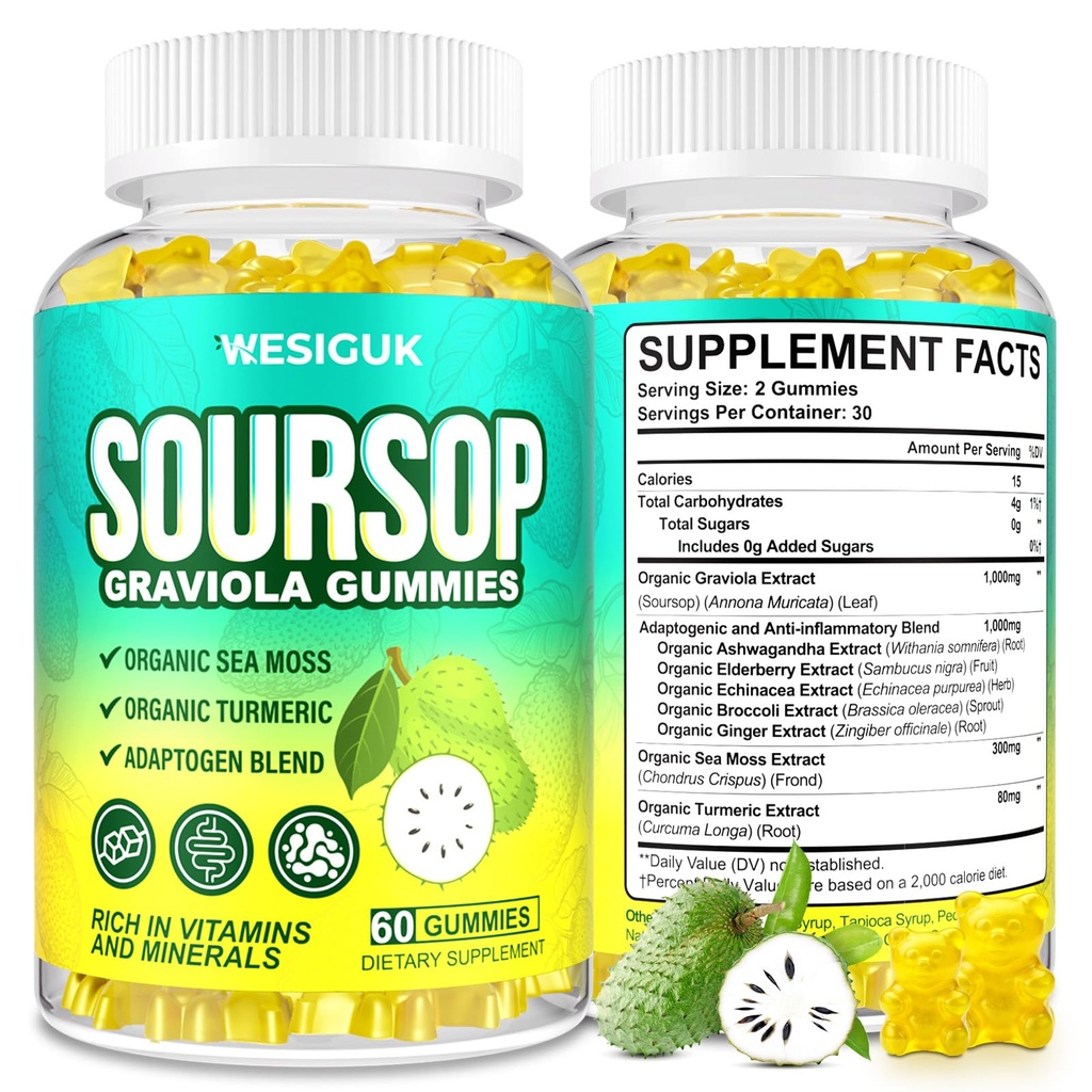 Soursop Graviola Gummies, Max Strength Soursop Leaves Extract with Sea Moss, Turmeric for Cell Support & Regeneration, Immunity, Liver and Antioxidant, Sugar/Gluten Free, Vegan - 60 Soursop Gummies
