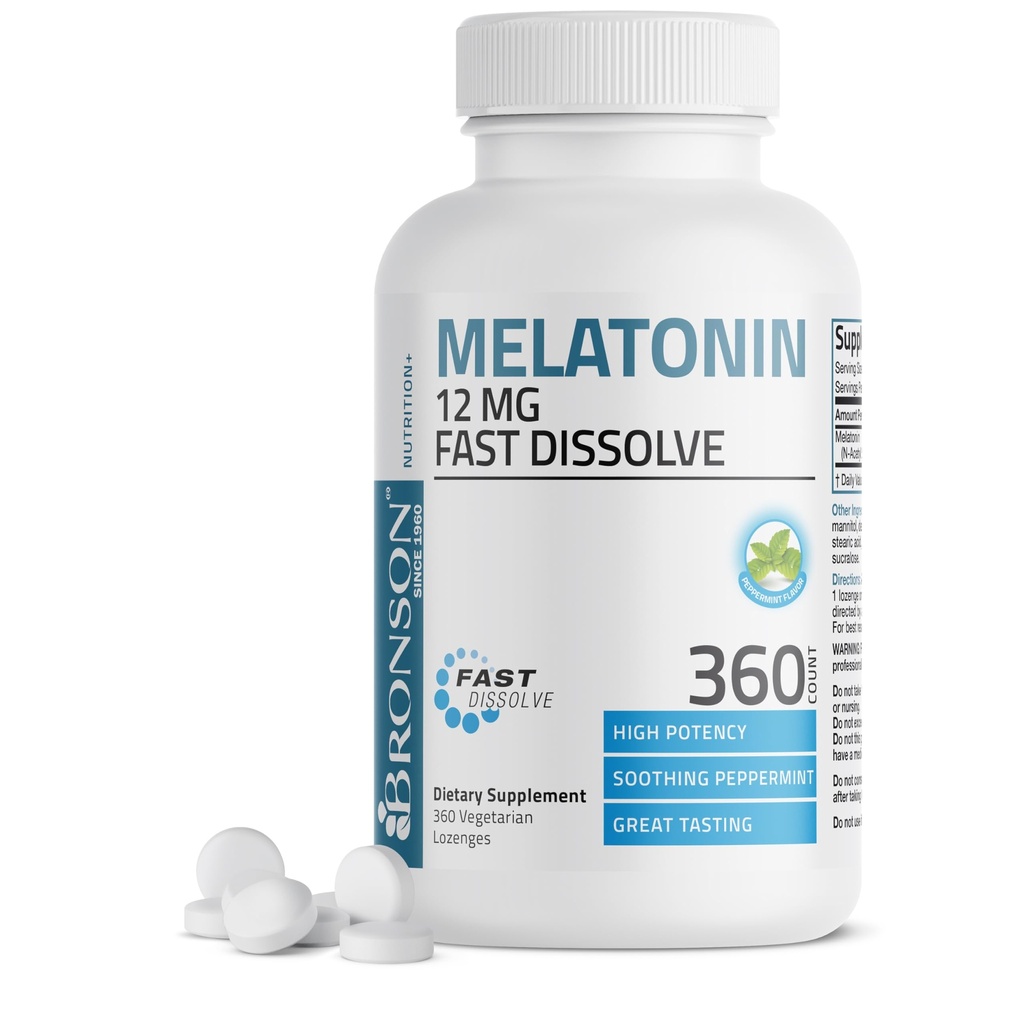 Bronson Melatonin 12mg Hurtig opløsning Nattestøtte Støtte & Afslapning Support, 360 Pebermynte Vegetar Lozenges