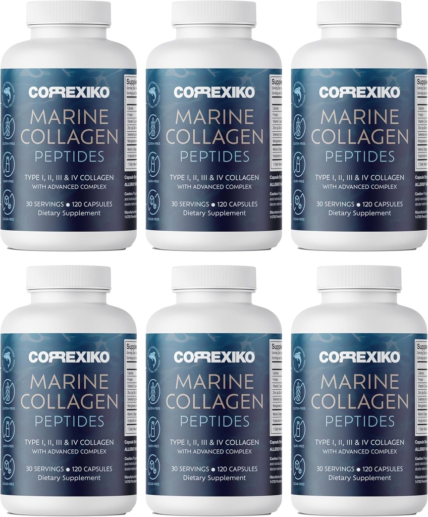CORREXIKO Marine collagen supplement piller - 1800 mg hydrolyseret collagen peptider per servering med tilsat hyaluronsyre, C-vitamin & mineraler - for hår, hud og negle - 720 kapsler 6 måneder forsyning