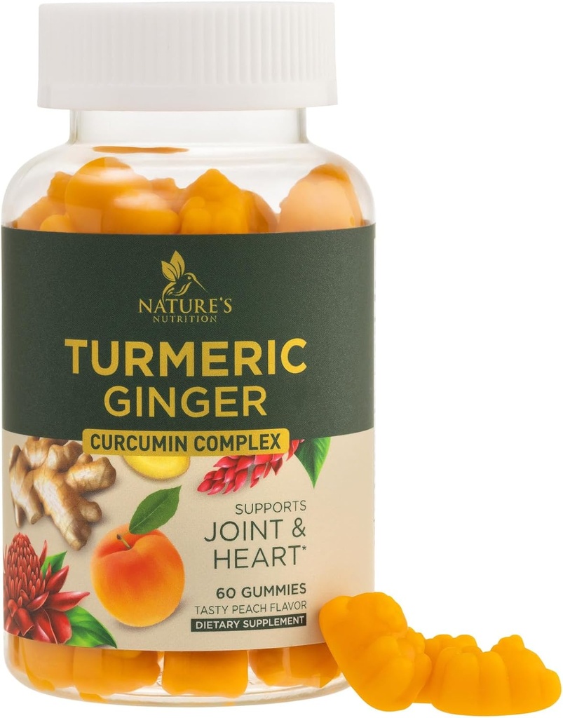 Turmeric Curcumin Supplement Gummies - 95% Curcuminoids with Turmeric & Ginger, Black Pepper for Best Absorption, Nature's Vegan Joint Support, Non-GMO, Gluten Free, Tasty Peach Flavor - 60 Gummies