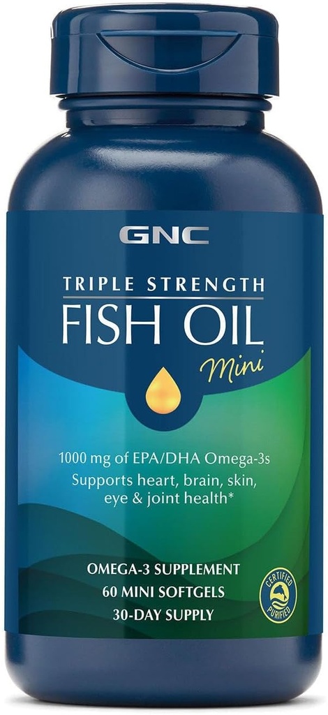 GNC Triple Strength Fish Oil Mini Omega 3 Supplement, 1000mg EPA og DHA, understøtter hjerte, hjerne, hud, øje og fælles sundhed, 60 Mini Softgels