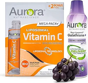 Vida Lifescience Aurora Nutrascience Mega Liposomal Glutathion, 750 mg, og C-vitamin, 3000 mg, immunforsvar og antioxidant Bundle