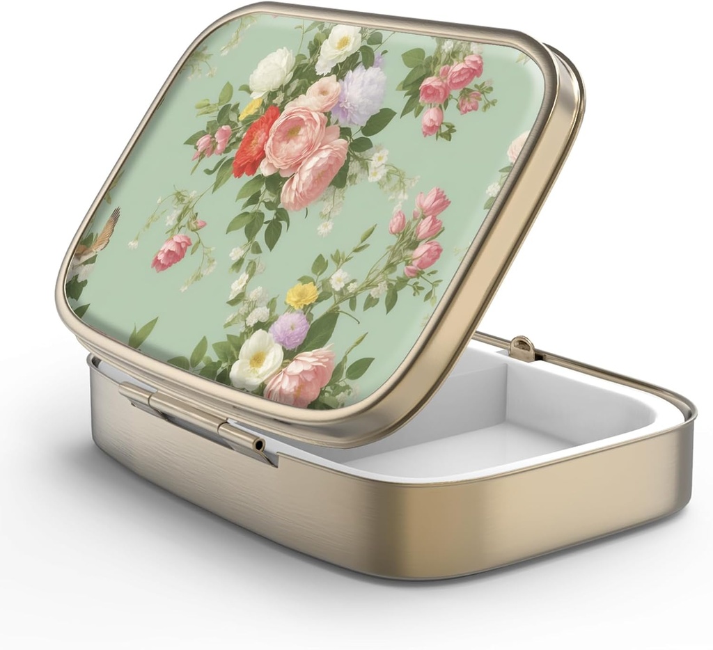 Pill Case Pill Box med spejl Retro 2 Segment Lille Pill Case for purse eller Pocket Bronze Rektangulær Pill Box eller Vitaminer, Fiskeolie, Kosttilskud, Pill Containe Travel Gaver Retro Green Floral