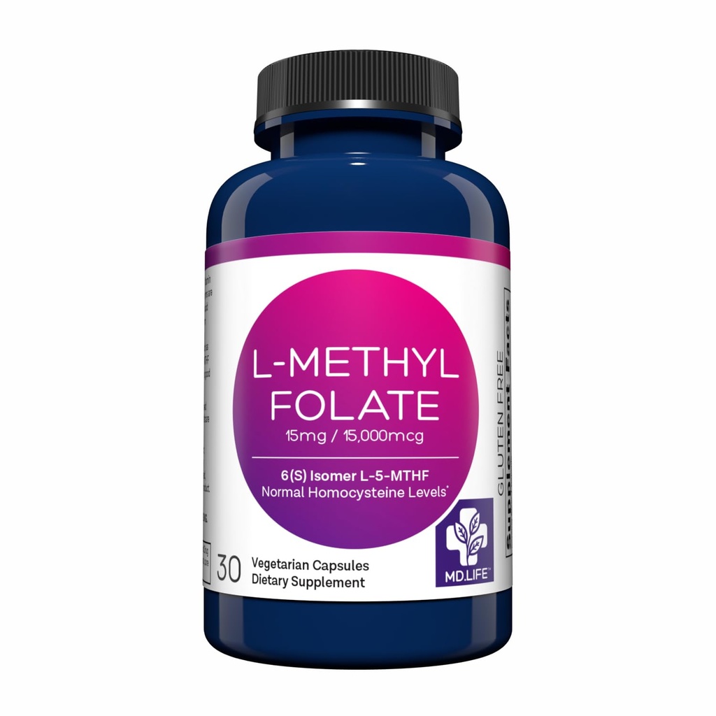 MD Life L- Methylfolat 15 mg Supplement - Professionel - Grade Aktiv L Methylfolat Supplement - 30 kapsler - L- Methylfolat 15 mg - Maksimal potens MTHFR W / essentielle aminosyrer