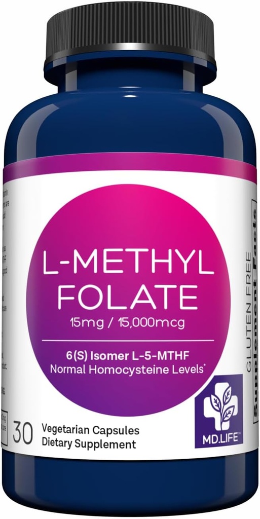 MD Life L- Methylfolat 15 mg Supplement - Professionel - Grade Aktiv L Methylfolat Supplement - 30 kapsler - L- Methylfolat 15 mg - Maksimal potens MTHFR W / essentielle aminosyrer