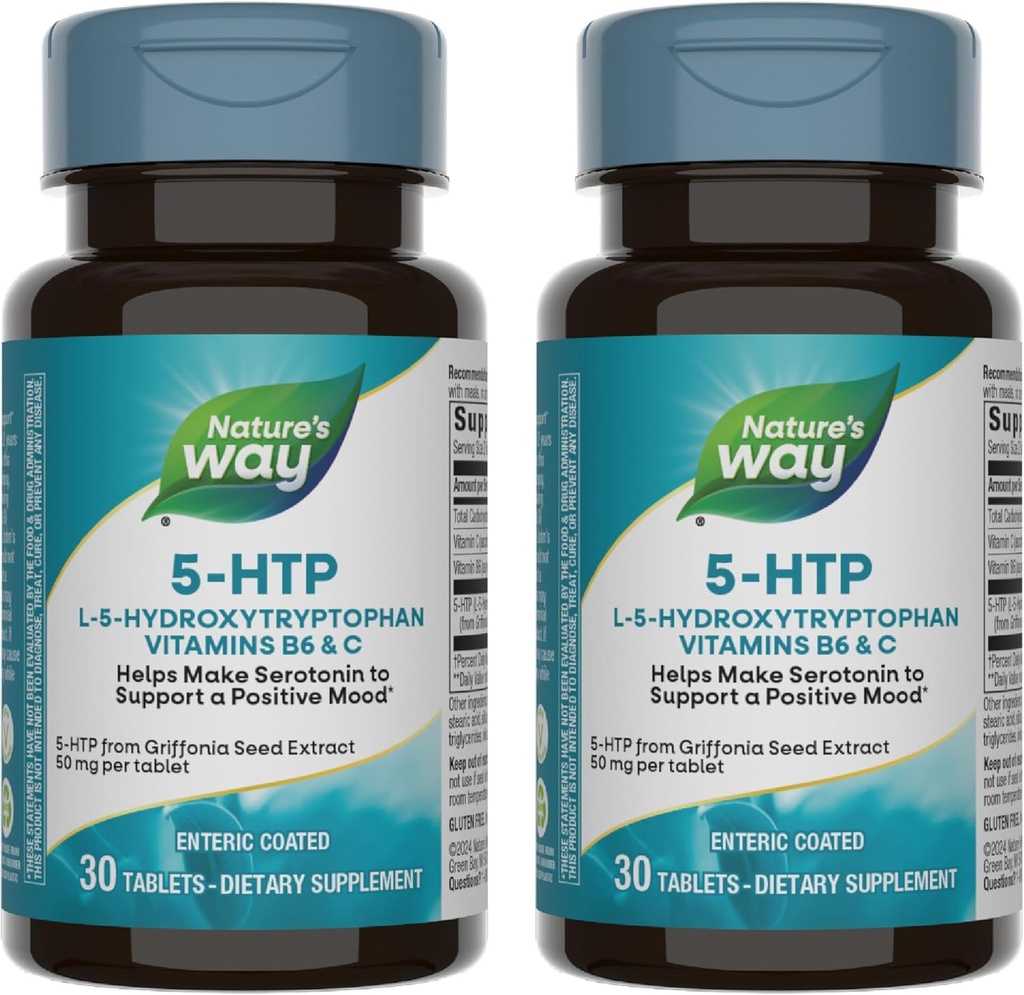 Nature's Way 5-HTP, L-5-Hydroxytryptophan, Helps Make Serotonin to Promote a Positive Outlook*, Vitamin B6, Vitamin C, Griffonia Bean Extract, 30 Tablets (Packaging May Vary) - 2 Pack