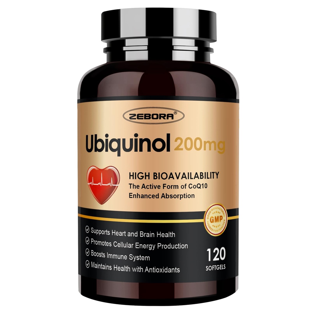 ZEBORA Ubiquinol CoQ10 200mg Softgels, 4 - in-1 Kraftfuld antioxidant til hjerte og vaskulær sundhed, Essential for Energy Production, Max Absorption Active Form of CoQ10, 120 Softgels