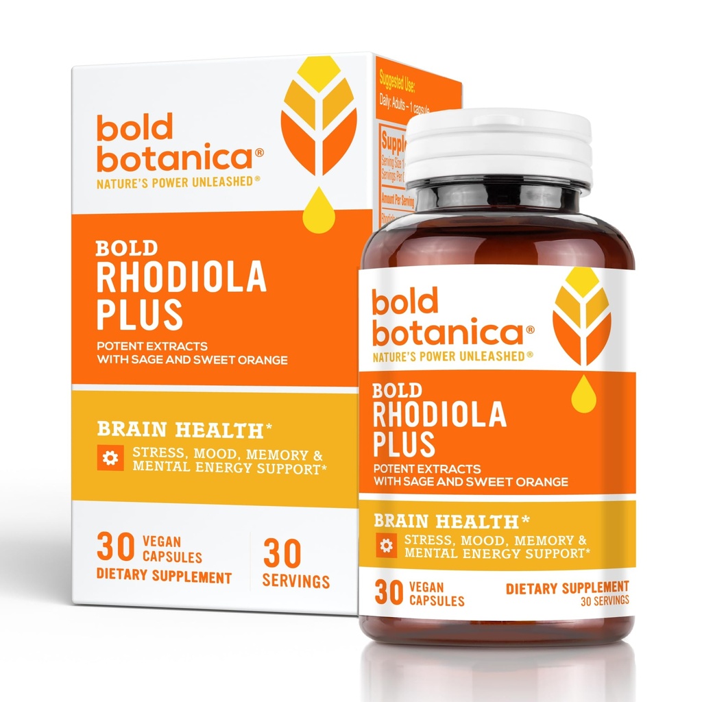 Bold Botanica Rhodiola Plus — Siberian Rhodiola Rosea Extract Supplement 8mg Rosavins, 4mg Salidroside — Premium Adaptogen Supplement for Stress, Memory, Focus, & Energy Support — 30 Vegan Capsules