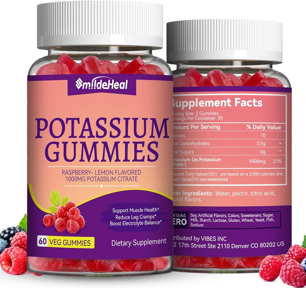 2 Pack Kalium Supplement Gummies 1000mg, Kalium Gummies for voksne, Support Leg kramper & Muscle Health - Vegan, non-GMO, 120 Greve