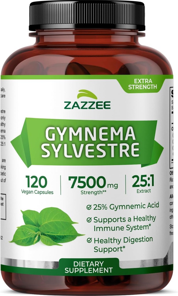 Zazzee Organic Gymnema Sylvestre 25: 1 Extract, 7500 mg Strength, 25% Gymnemic Acid, 120 Vegan Kapsler, 4 Måned Supply, Standardized and Concentrated 25X Extract, All- Natural and Non- GMO