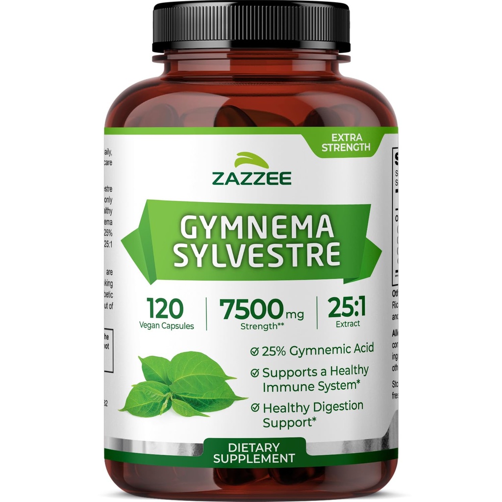 Zazzee Organic Gymnema Sylvestre 25: 1 Extract, 7500 mg Strength, 25% Gymnemic Acid, 120 Vegan Kapsler, 4 Måned Supply, Standardized and Concentrated 25X Extract, All- Natural and Non- GMO