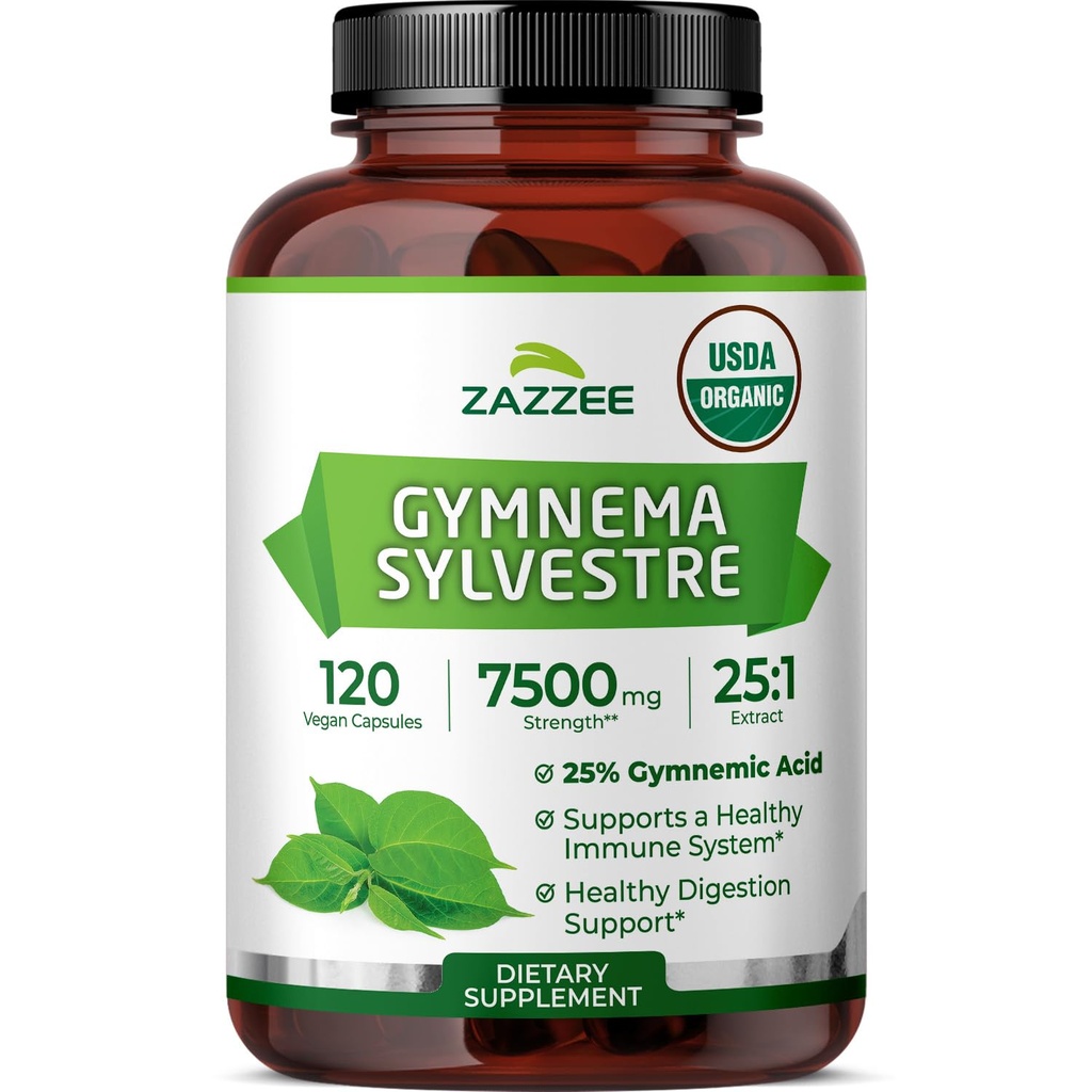 Zazzee Organic Gymnema Sylvestre 25: 1 Extract, 7500 mg Strength, 25% Gymnemic Acid, 120 Vegan Kapsler, 4 Måned Supply, Standardized and Concentrated 25X Extract, All- Natural and Non- GMO