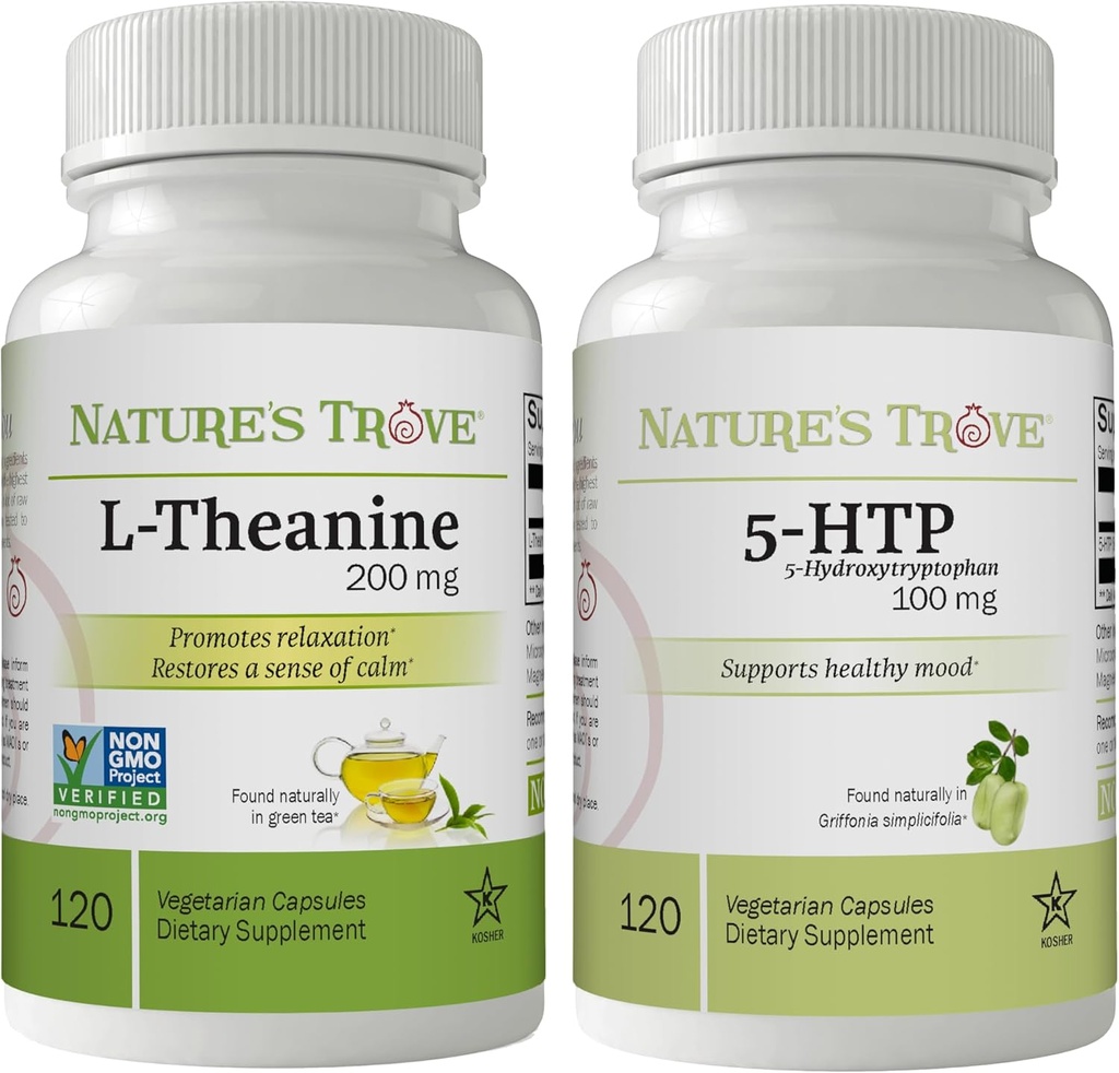 Nature 's Trove L- Theanine 200mg 120 Vegetariske Kapsler & 5- HTP 100mg 120 Vegetariske Kapsler - Rolig & sund Mood Stack