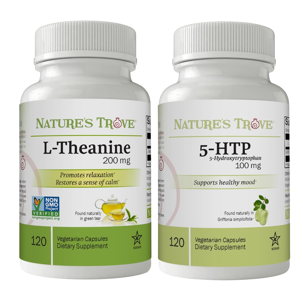 Nature 's Trove L- Theanine 200mg 120 Vegetariske Kapsler & 5- HTP 100mg 120 Vegetariske Kapsler - Rolig & sund Mood Stack
