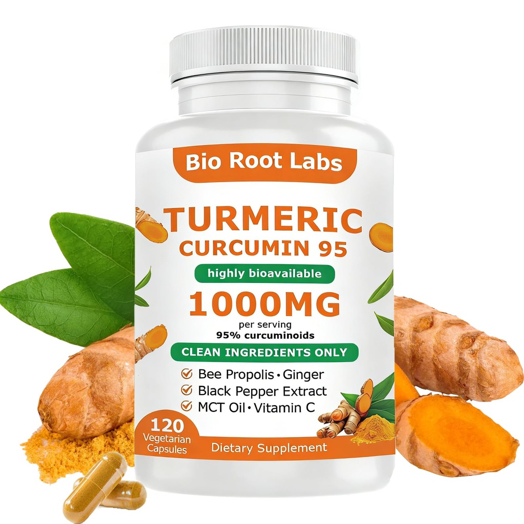 1PCSBio Root Labs Turmeric Curcumin Supplement, Turmeric Curcumin 1,000mg – 95% Curcuminoids with Black Pepper & Ginger,Fat Soluble Vitamin C,Enhanced Absorption,120 Capsules (1PCS)