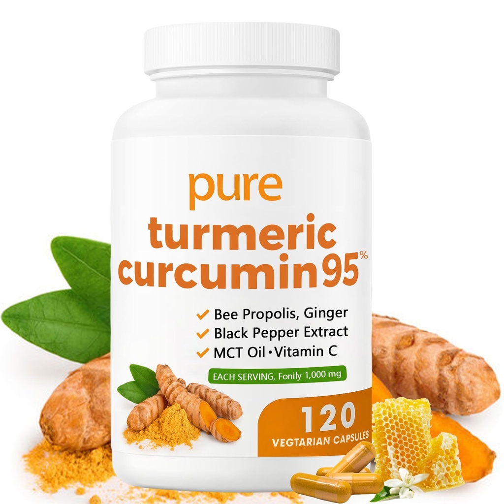 Turmeric Curcumin 95 1000mg - 95% Turmeric Complex Supplement with Bee Propolis, Ginger, MCT Oil, Fat Soluble Vitamin C, & Black Pepper, Non-GMO, Gluten Free, 120 Capsules