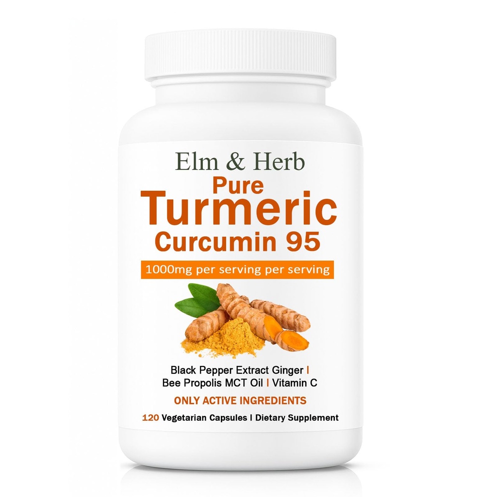 Elm & Herb Pure Turmeric Curcumin 95, Elm and Herb Turmeric Curcumin Supplement Capsules with Black Pepper Extract, Ginger, Bee Propolis, MCT Oil & Vitamin C (1)