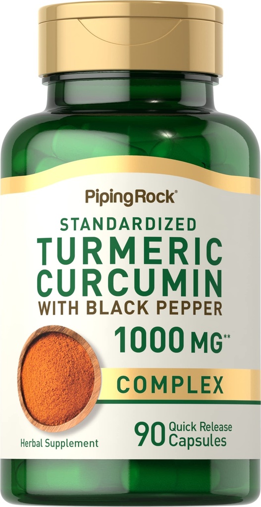 Piping Rock Turmeric Curcumin with Black Pepper | 90 Capsules | Herbal Complex Supplement with Bioperine Extract | Non-GMO, Gluten Free