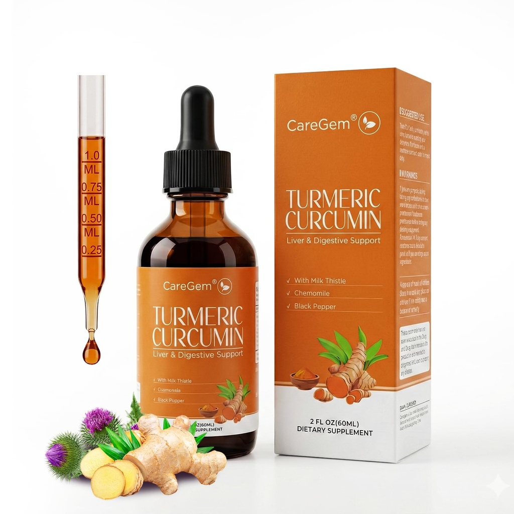 Turmeric Curcumin Complex Liquid Drops with Milk Thistle, Dandelion & Chamomile | High-Absorption Herbal Blend with Black Pepper & Ginger | Orange Flavor | 2 fl oz