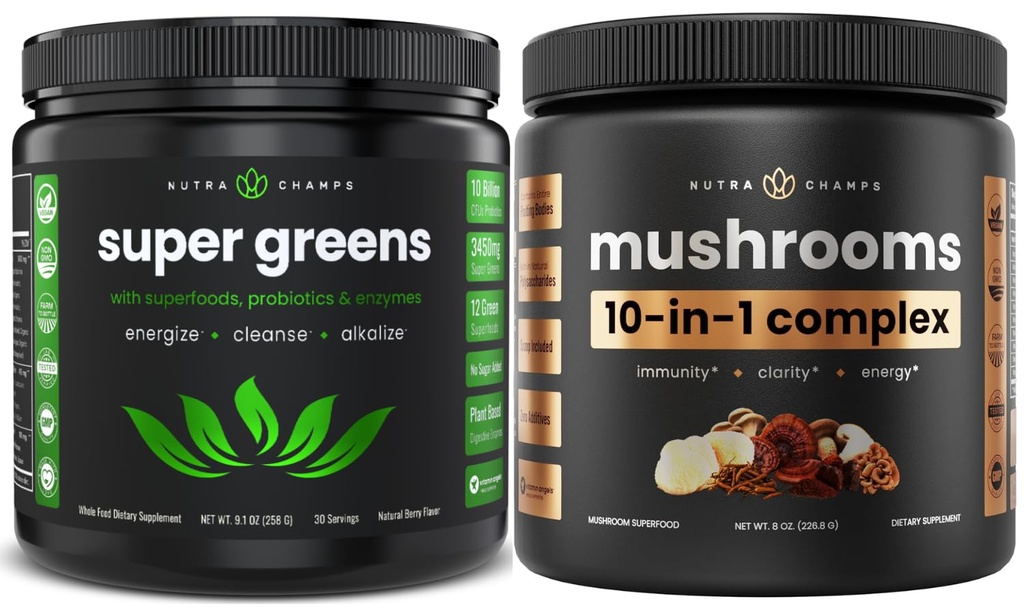NutraChamps Super Green & Super Mushrooms: Ultimate Brain, Gut & Body Boost