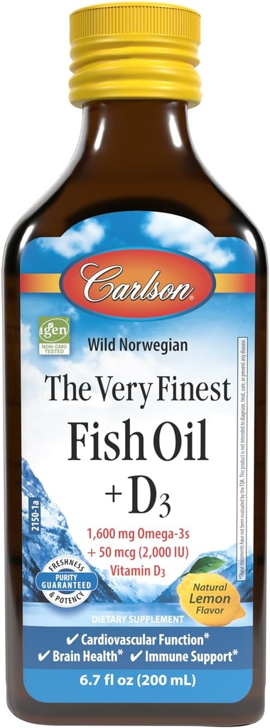 Carlson - The Very Finest Fish Oil + D3, 1600 mg Omega- 3s, 50 mcg (2000 IE) D3- vitamin, flydende fiskeolie og D3- tillæg, Norwegian, Wild Caught, Sustainable Sourced, Lemon, 200 ml (6,7 Fl Oz)