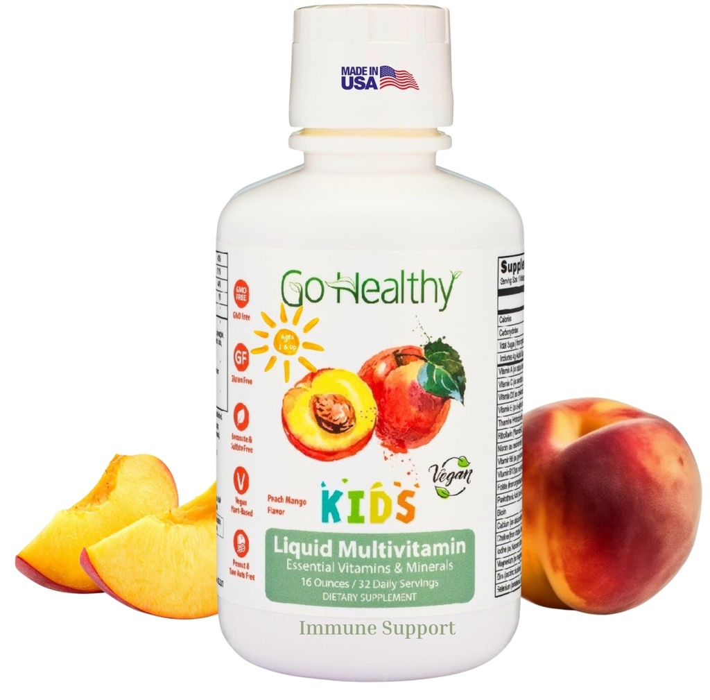 Go Sunde Kids Flydende Multivitamin, Immunstøtte, Kid Flydende Multivitaminer, Høj Absorption Vegan Vitamin, Kids Vitamin Multivitamin Peach Mango - 30-60 Servering