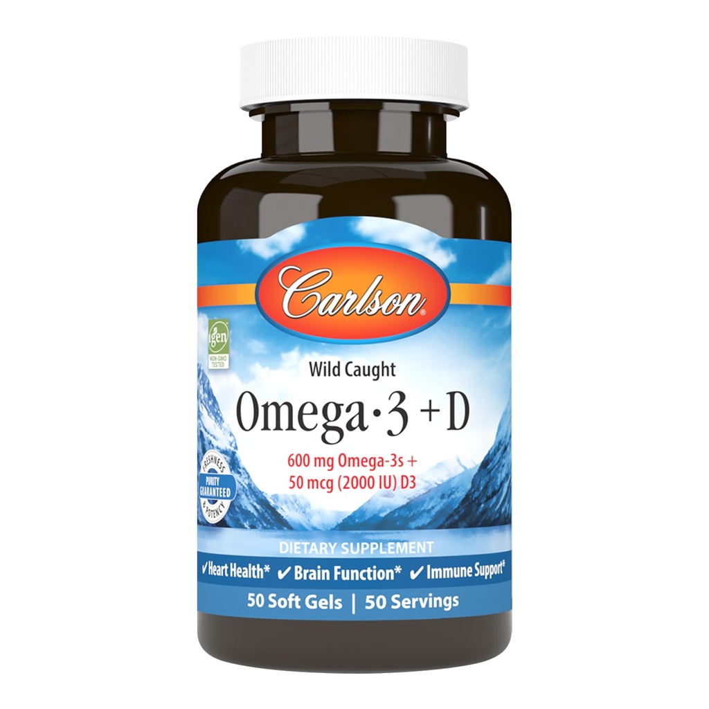 Carlson Omega-3 + D, 600 mg Omega-3s with EPA & DHA + 2,000 IU Vitamin D3, Wild-Caught Fish Oil, Norwegian-Sourced Omega-3 Supplement, Heart, Brain & Bone Support, 50 Soft Gels