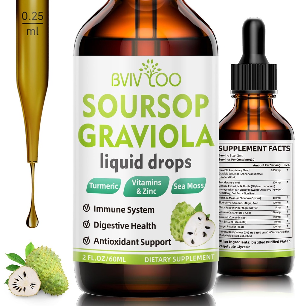 Soursop Graviola Liquid Drops - 2000mg Pure Soursop Extract Blended with 300mg Sea Moss & 100mg Elderberry - Kraftfuld Cell Support, Antioxidant- Rich, Immunie- Boosting - 2 Fl Oz (60ml) Flaske