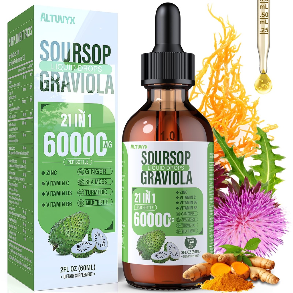 21-in-1 Soursop Graviola Liquid Drop, Soursop Bitters Liquid 2000mg Organic Soursop Leaves & Fruit with 300mg Sea Moss, Zinc, Vitamins for Cellular, Immune, Skin, Digestive, Natural Flavor, 60ML