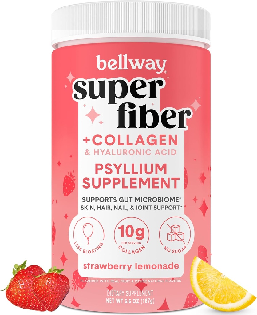 Bellway Super Fiber Powder + Collagen, Sugar-Free Psyllium Husk Powder with Collagen Peptides and Hyaluronic Acid for Gut Health, Healthy Skin, Nails, Bones & Joints, Strawberry Lemonade (11 Servings)