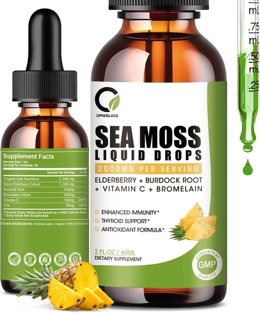 Sea Moss Drops 2000mg, Irish Sea Moss Supplement understøtter Immunitet, med Black Elderberry, Burdock Root, Bromelain, C-vitamin & zink, 2 Fl.Oz, Ananas Arv
